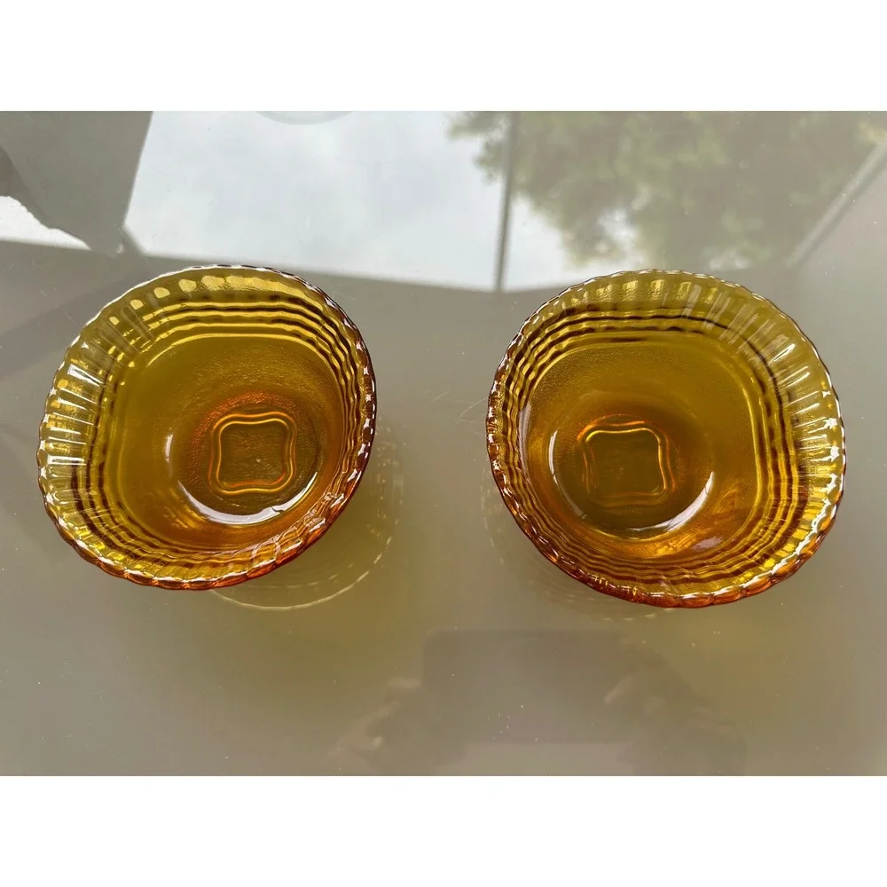 Vintage Rare Duralex Frosted‎ Brown Amber Glass Wave Dessert bowls france set/2